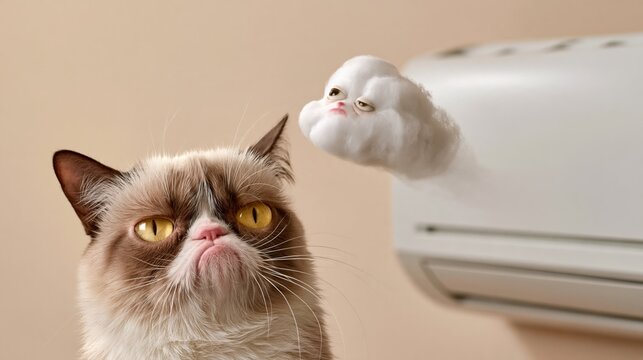 White air conditioner unit blowing tiny adorable cloud-shaped puff of air at grumpy cat, light beige wall, copy space