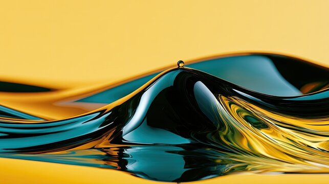 Rippling golden liquid with dark teal waves and a tiny droplet