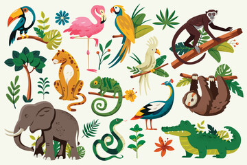 Fototapeta premium Tropical Jungle Animal Original Set Flat Cartoon Illustration