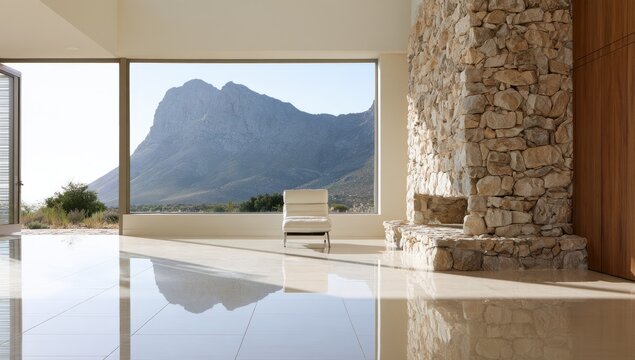 Modern room with stone fireplace and panoramic mountain view