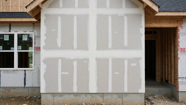 Exterior house construction two-story structure sloping roof large window left side walls covered white insula