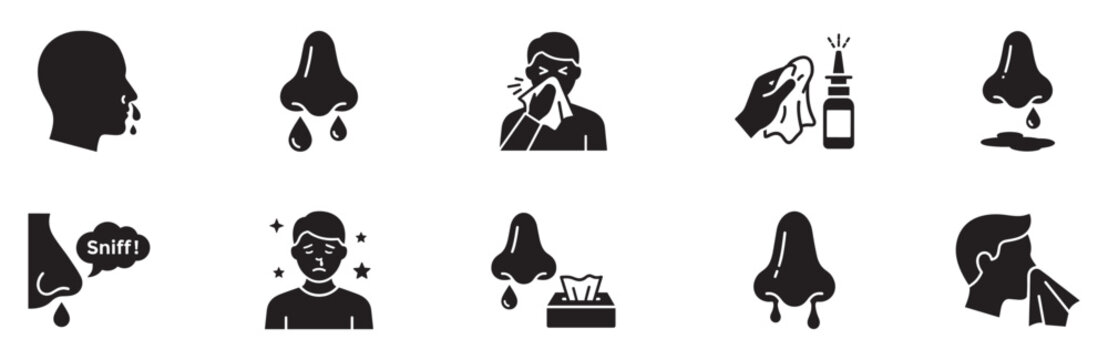 Runny nose icon set. Runny nose and allergy icon set. Nasal congestion. Sneezing person. Spray bottle. Tissue paper. Sniffing. Cold disease symptom. Vector Illustration. Vector Graphic. EPS 10
