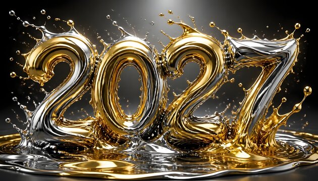 Abstract liquid gold and silver splash forming New Year 2027 text.