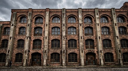 Obraz premium Historic industrial facade of weathered red and brown bricks, arched window frames with dark mullions, concrete pillars, overcast sky