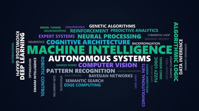 Machine intelligence and autonomous systems word cloud motion graphics animation loop for technology presentation background