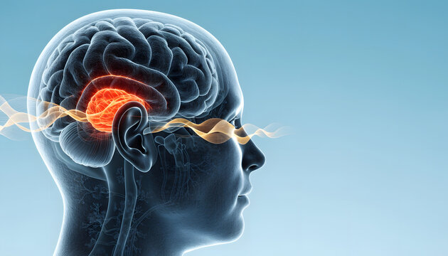 Auditory brain function and sound wave perception. Hearing processing and neurological frequency response. Sound vibrations traveling into the ear canal of a glowing head profile