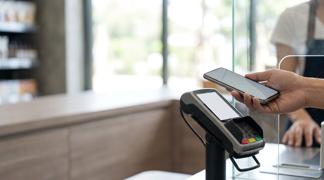 Customer making a contactless mobile payment using a smartphone at a retail store checkout counter with a modern POS terminal and credit card reader in a bright business setting.