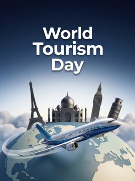 World Tourism Day Celebration with Global Landmarks and Airplane Travel.