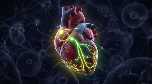 Glowing anatomical heart floating in a dark cellular void, yellow and green neon conduction pathways, deep red and blue muscular tissue