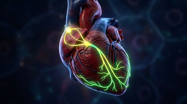 Glowing anatomical heart floating in a dark cellular void, yellow and green neon conduction pathways, deep red and blue muscular tissue
