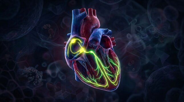 Glowing anatomical heart floating in a dark cellular void, yellow and green neon conduction pathways, deep red and blue muscular tissue