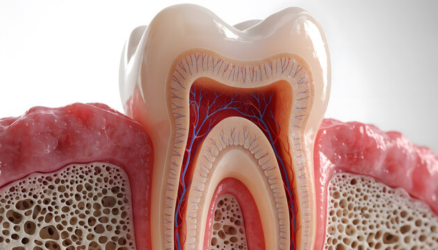 Healthy human tooth anatomy with root and pulp. Dental hygiene and stomatology care. Close view showing cross section of molar set inside gum and jaw bone