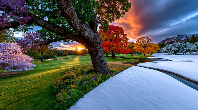 Four seasons landscape showing spring, summer, autumn, and winter simultaneously