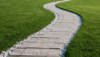 Obraz premium A winding stone path curves through lush green grass, bordered by white pebbles
