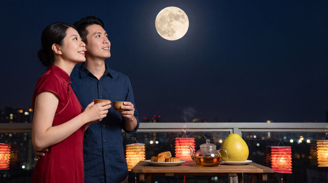 Asian couple enjoying Mid-Autumn Festival celebration with tea and mooncakes, illuminated lanterns and full moon in the night sky