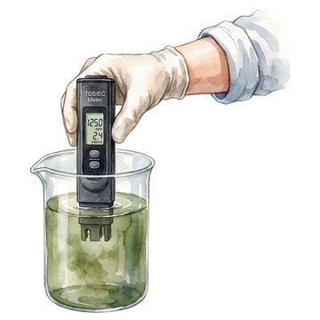 Hydroponic Activity, Beaker water quality testing with TDS meter watercolor