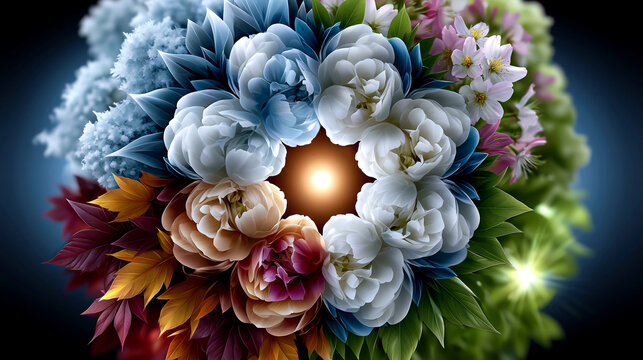 Floral mandala arrangement with glowing center and colorful petals