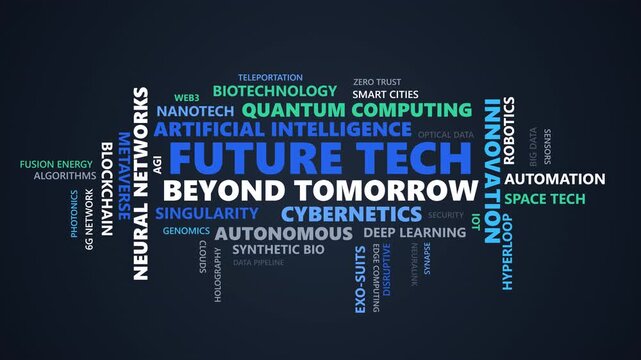 Future tech and beyond tomorrow word cloud motion graphics animation loop for technology presentation and digital background