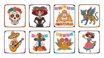 Fototapeta premium Day of the Dead Mexican folklore icons, set of 8 Dia de los Muertos vector illustrations, colorful sugar skull and skeleton characters