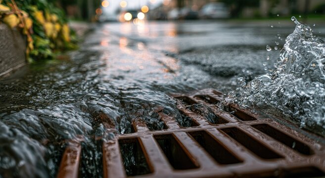 Water rushes into a storm drain grate on a wet street, splashing upwards