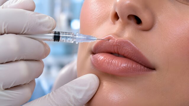 Macro shot of hyaluronic acid lip filler injection cosmetic procedure in clinic