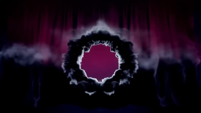 Mysterious Purple Ring Of Smoke Emerging On Dark Stage.
