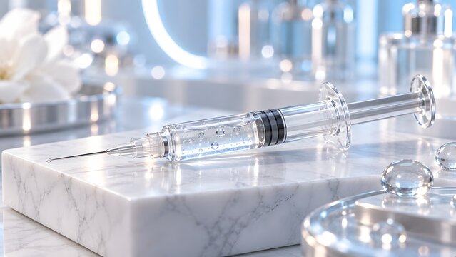 Medical syringe with clear hyaluronic acid gel filler mockup for cosmetic branding