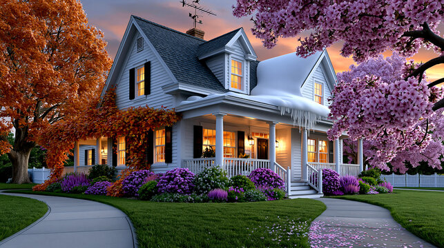 Surreal suburban house with snow, autumn foliage, and spring blossoms