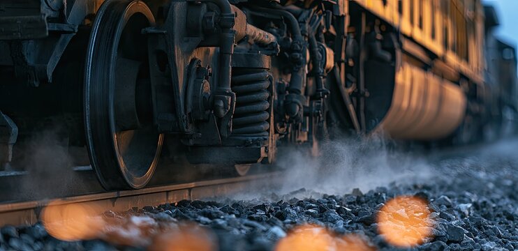 Close-up of a train wheel grinding on tracks, kicking up dust and sparks