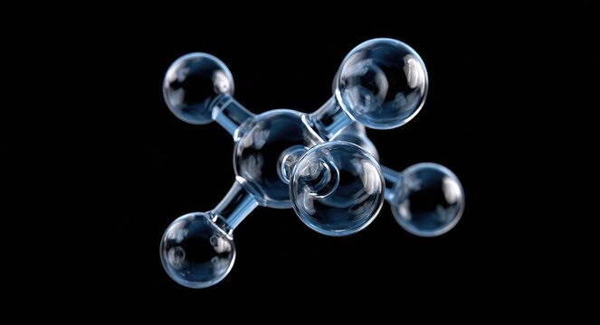 Transparent molecular structure with a central nucleus and four outer spheres
