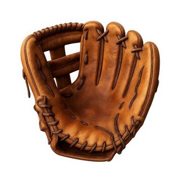Brown leather baseball glove isolated on a white background, ready for the game.