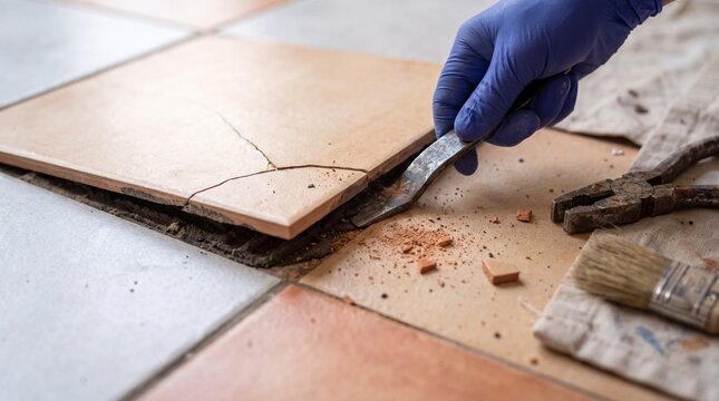 Worker using a pry bar to remove a cracked ceramic floor tile during home renovation repair.