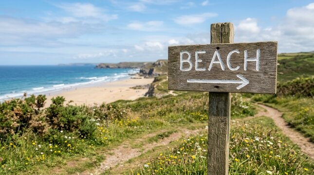 Wooden Beach Sign Guides To Sandy Shoreline With Rolling Waves