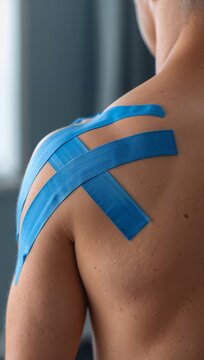 Blue kinesiology tape applied to the shoulder and upper back, representing sports therapy, muscle support, rehabilitation, and pain relief.