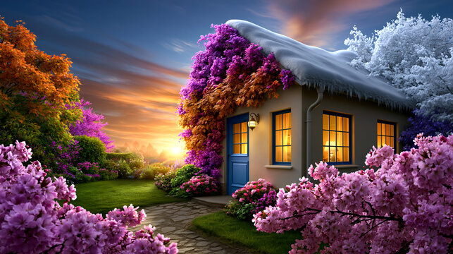 Cozy house with snow on roof surrounded by colorful flowers at sunset