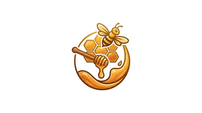 Vector illustration of a honey bee flying over a honeycomb with a wooden dipper dripping fresh organic honey, designed in a circular emblem style