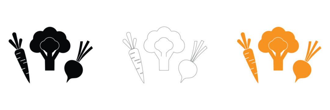 Fresh Organic Vegetables Icon Set, Carrot Broccoli Beetroot Symbol, Healthy Agriculture Produce Sign, Minimal Black Orange Silhouette Line Art Vector Design