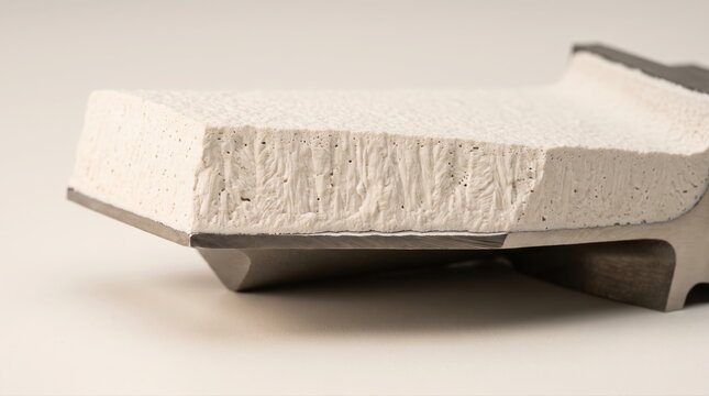 Cross-section of a turbine blade showing thermal barrier coating and metal substrate layer.