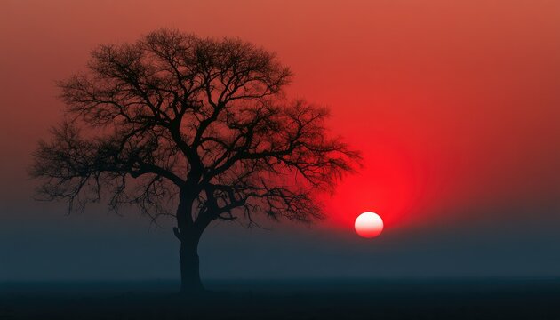 Solitary tree silhouetted against a vibrant, fiery sunset in a hazy landscape