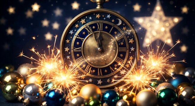 new year midnight clock with sparklers and christmas baubles 
vintage astronomical pocket watch clock showing almost midnight surrounded by burning sparklers.