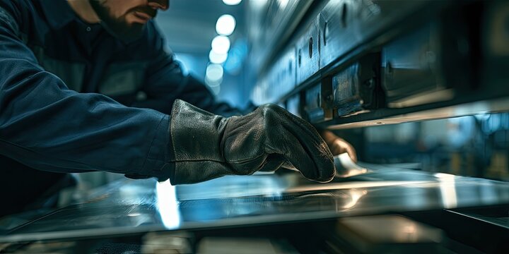 A gloved hand operates a metal bending machine in an industrial setting