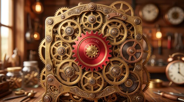 Intricate Brass Clockwork Mechanism with a Red Critical Gear in a Vintage Workshop Setting