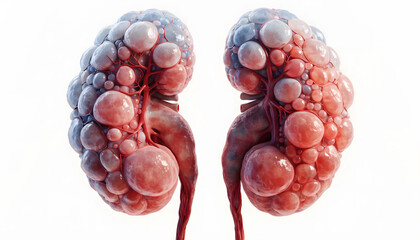 Obraz premium Polycystic kidney disease and internal organ pathology. Renal disorder and nephrology diagnostics. Scientific render displaying human kidneys covered in enlarged fluid cysts
