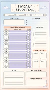 Cute Pastel Daily Study Plan Tracker Page with Hourly Schedule, Mood Tracker, Energy Level Meter, Top 3 Goals, Break Tracker, and Notes Section for Aesthetic Printable Student Productivity Journal and