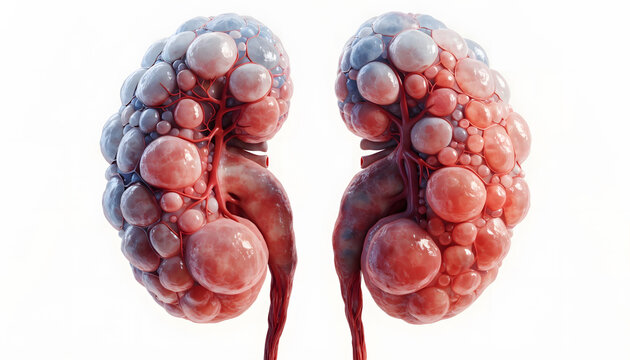 Polycystic kidney disease and internal organ pathology. Renal disorder and nephrology diagnostics. Scientific render displaying human kidneys covered in enlarged fluid cysts