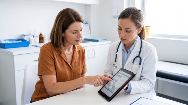 Female doctor explaining medical results to a woman patient using a digital tablet in a modern clinic office