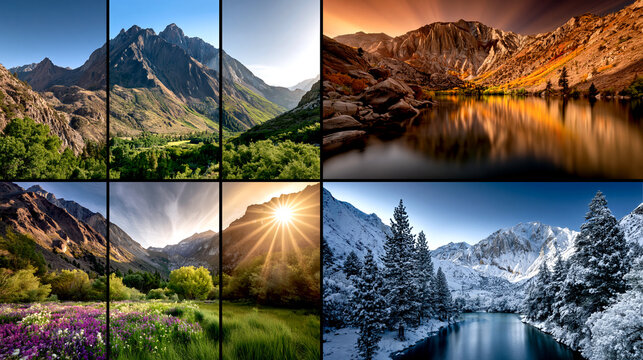 Collage of mountain landscapes across different seasons and times of day