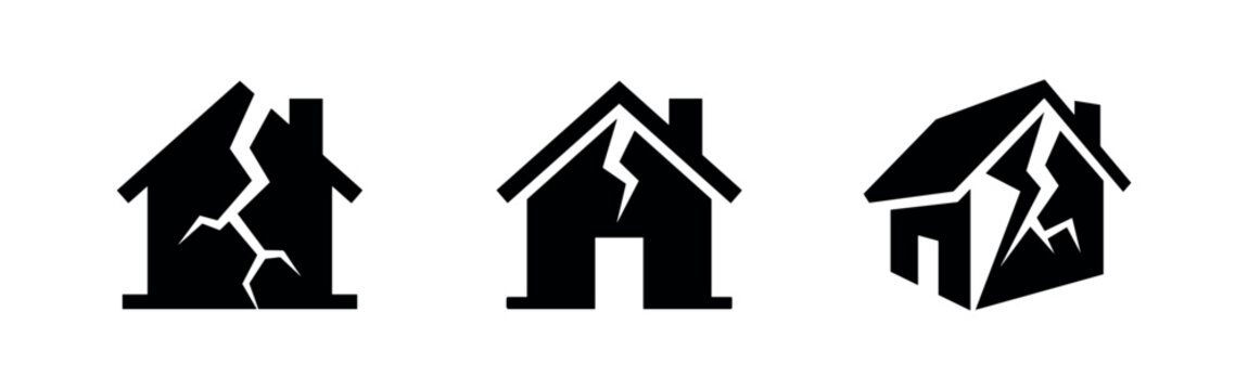 Earthquake damaged house icon set. Disaster and crisis symbols, showing cracked homes, isolated on white background. Vector illustration.