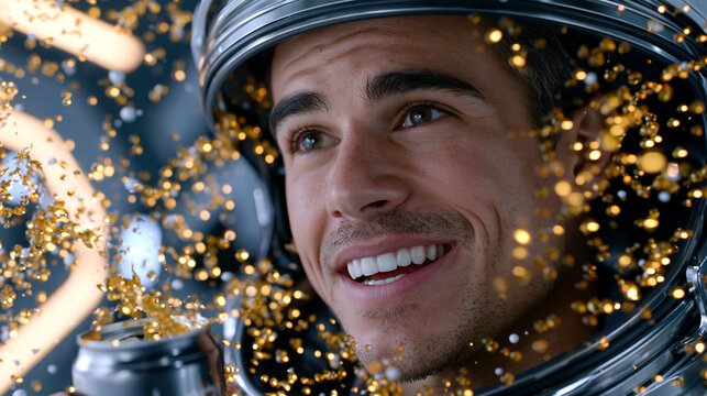 Astronaut smiling inside helmet surrounded by floating golden particles
