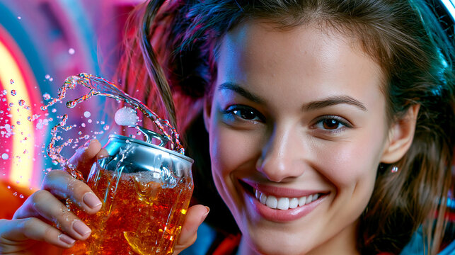 Young woman smiling while holding a splashing drink can